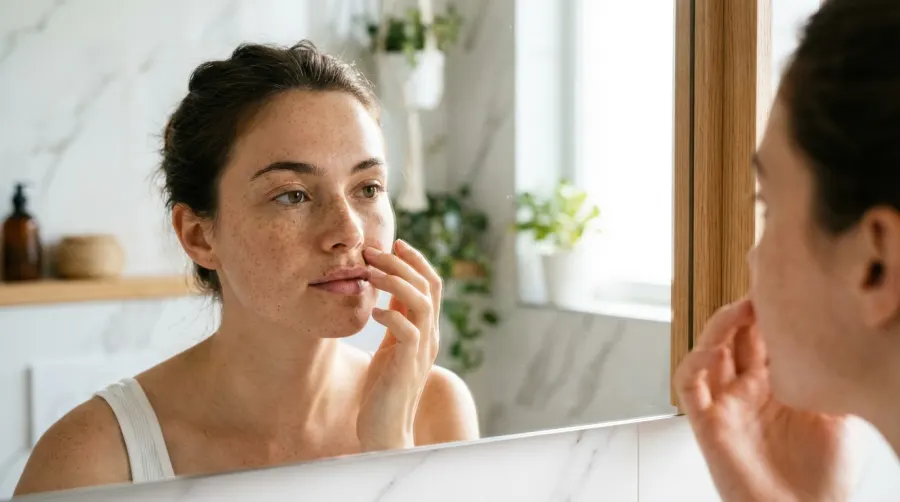 Kobieta przed lustrem dotykająca skóry nad górną wargą