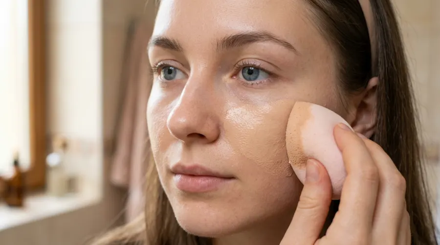 Aplikacja podkładu gąbeczką jako pierwsza warstwa bazowa makijażu