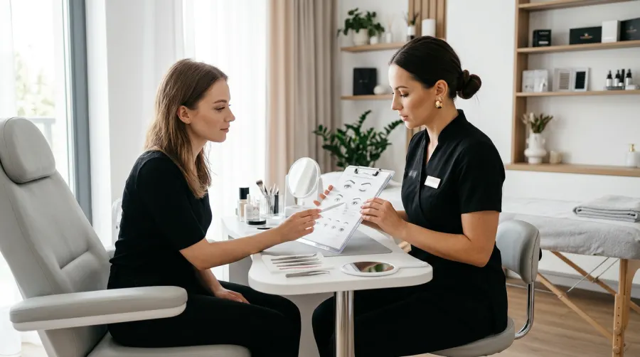Konsultacja z klientką przed aplikacją rzęs syntetycznych