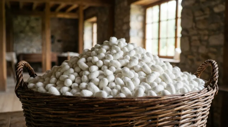 Wiklinowy kosz pełen surowych białych kokonów jedwabnika
