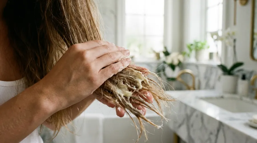 Dłonie aplikujące nawilżający krem na zniszczone końcówki włosów