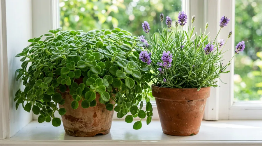 Lawenda i komarzyca na jasnym domowym parapecie