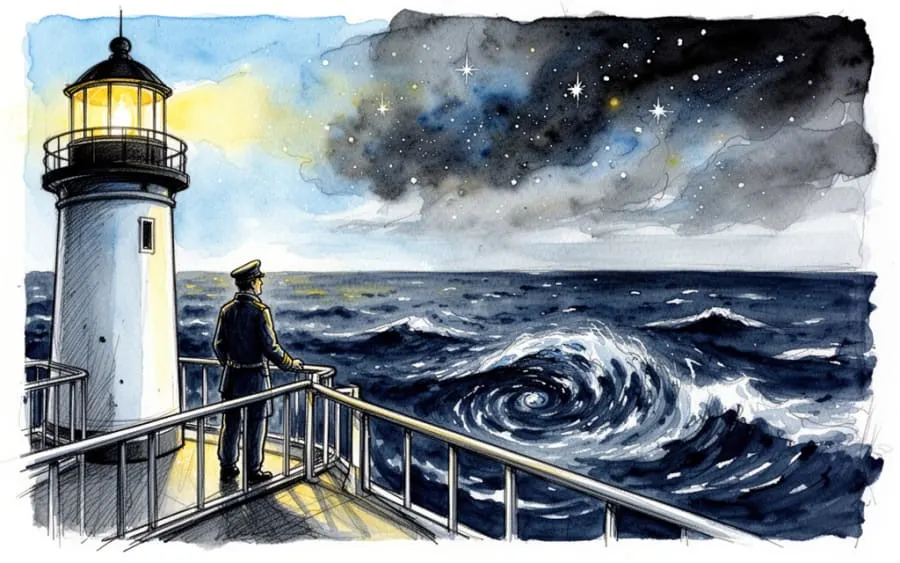 Latarnik czuwający nad wzburzonym oceanem symbolizujący kontrolę i psychologię