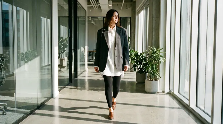 Biurowa stylizacja z legginsami i długą marynarką oversize