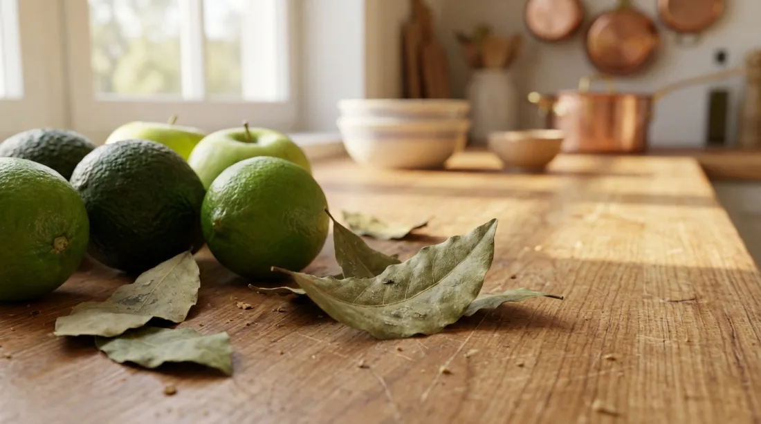 Suszony liść laurowy na kuchennym blacie obok świeżych owoców