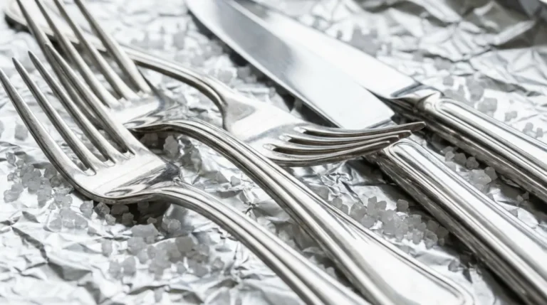 Lśniące srebrne sztućce ułożone na folii aluminiowej