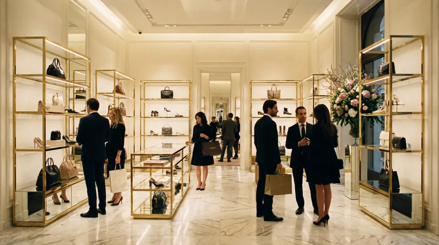 Wnętrze luksusowego butiku z eleganckimi akcesoriami i skórzanymi torebkami
