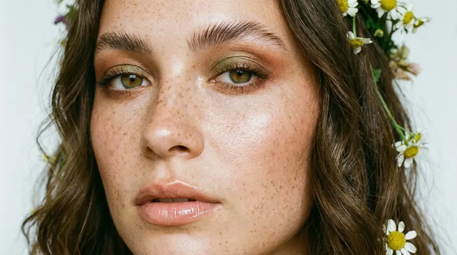 Panna młoda w świetlistym makijażu ślubnym boho