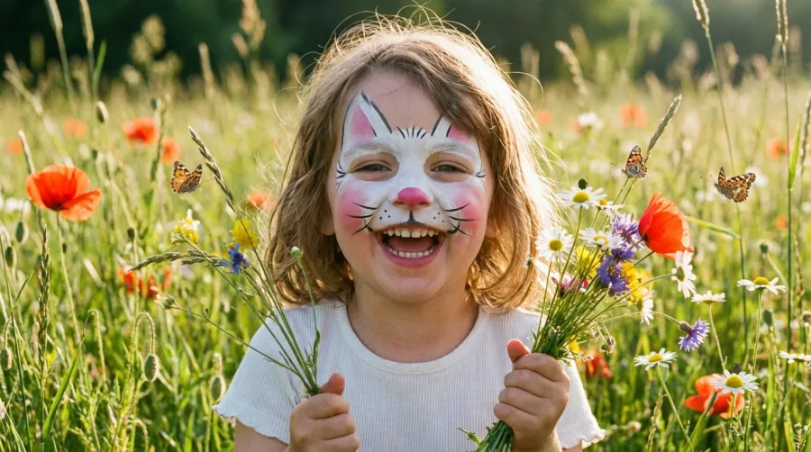 Dziecko z profesjonalnym makijażem twarzy w kształcie królika