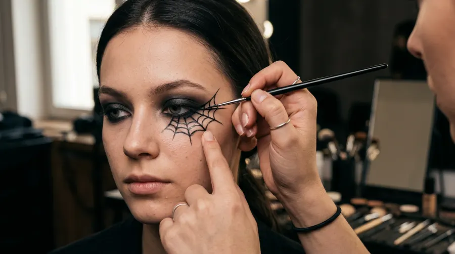 Precyzyjne malowanie pajęczyny na twarzy cienkim pędzlem