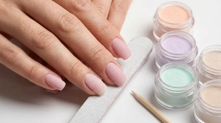 Dłonie z manicurem tytanowym i słoiczki z pyłkiem