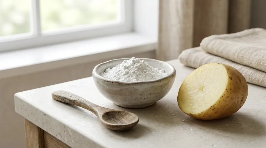 Ceramiczna miseczka z mąką ziemniaczaną i drewnianą łyżeczką
