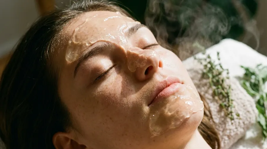 Kobieta z nałożoną maseczką żelatynową na nosie