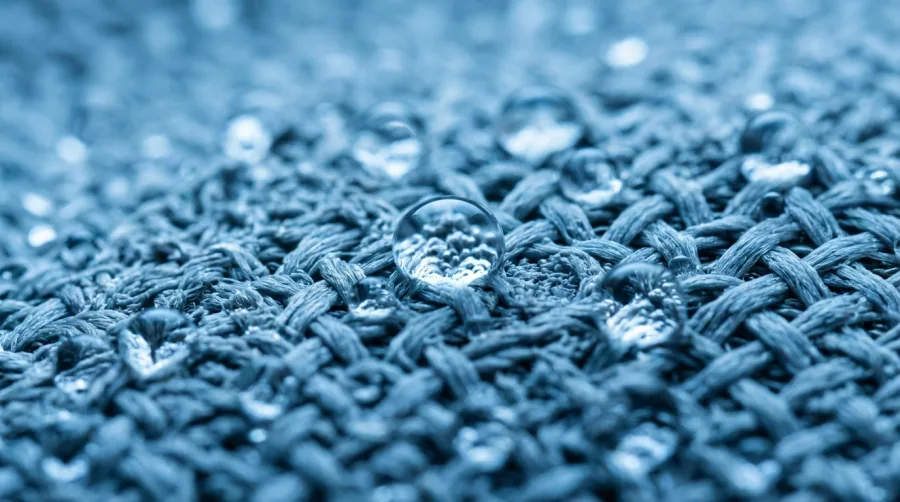 Wodoodporna tkanina hydrofobowa z kroplami wody na powierzchni