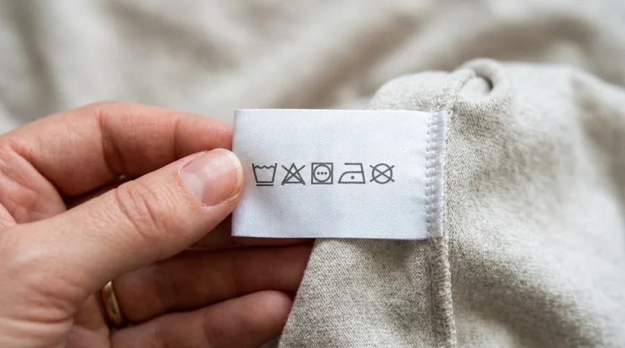 Metka odzieżowa z symbolami prania na jasnym materiale