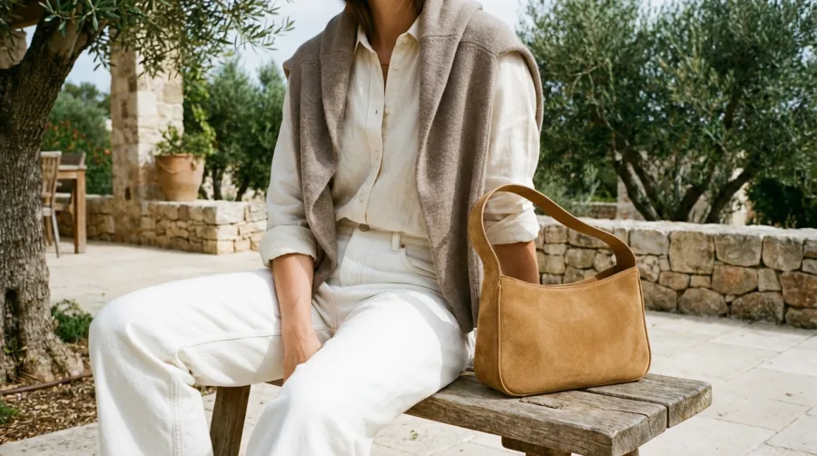 Jasne spodnie połączone z beżowym swetrem i lnem