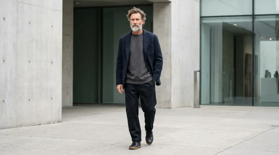 Dojrzały mężczyzna w minimalistycznej modzie ulicznej