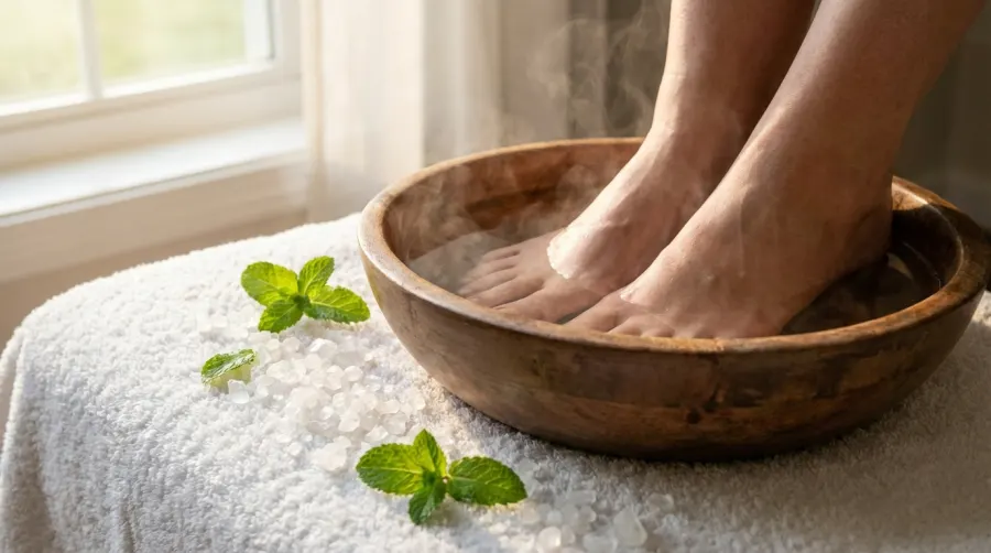 Stopy zanurzone w drewnianej misie z solą Epsom