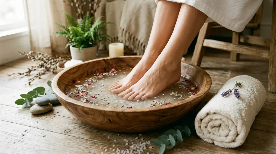 Zmiękczająca kąpiel stóp w misce z solą jodobromową