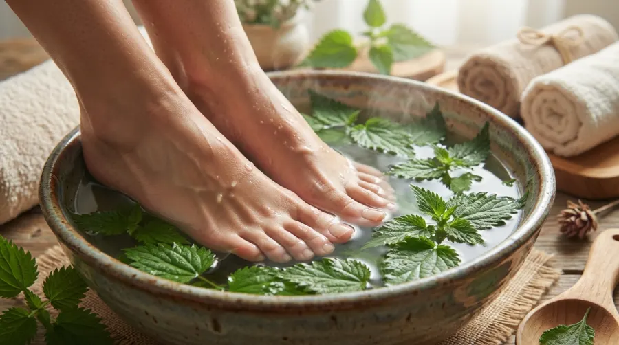 Bose stopy zanurzone w misce z wywarem z pokrzywy