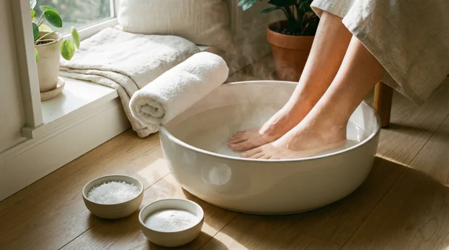 Kobiece stopy zanurzone w misie z wodą podczas kąpieli