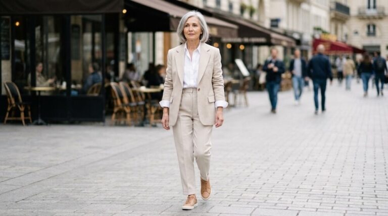 Stylowa kobieta po sześćdziesiątce w nowoczesnej stylizacji smart casual na co dzień