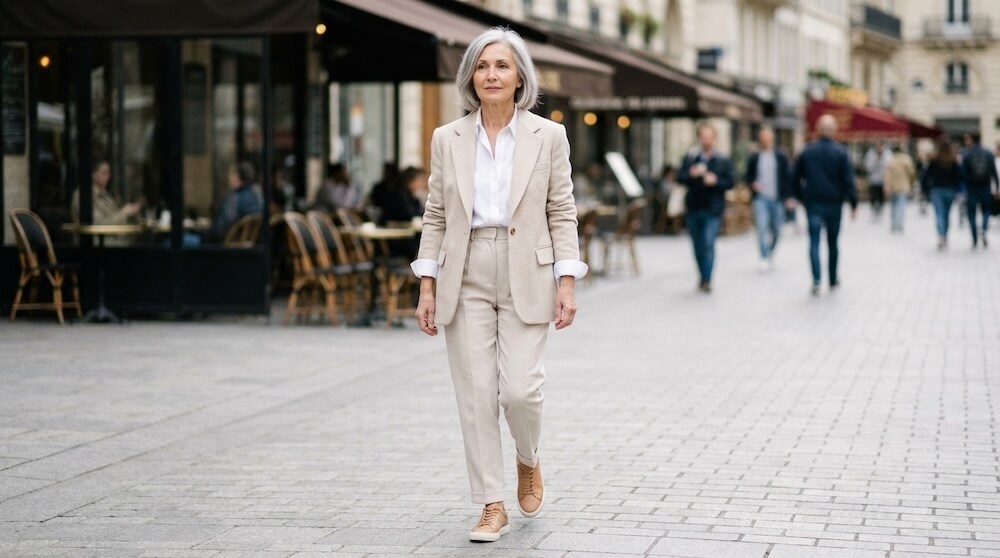 Stylowa kobieta po sześćdziesiątce w nowoczesnej stylizacji smart casual na co dzień
