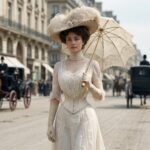 Elegancka kobieta w stroju z epoki Belle Époque spacerująca po paryskim bulwarze na początku XX wieku
