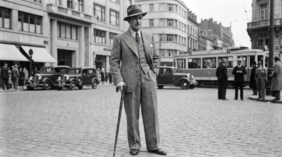 Elegancki mężczyzna w trzyczęściowym garniturze i kapeluszu fedora