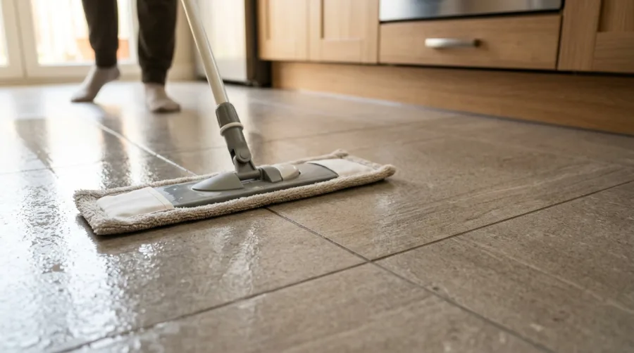 Płaski mop myjący jasne płytki gresowe w kuchni
