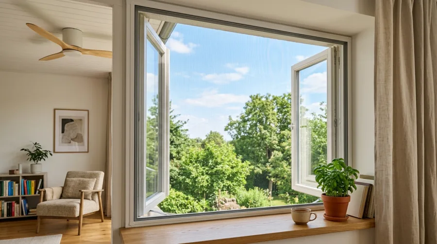 Gęsta moskitiera zamontowana w ramie okiennej