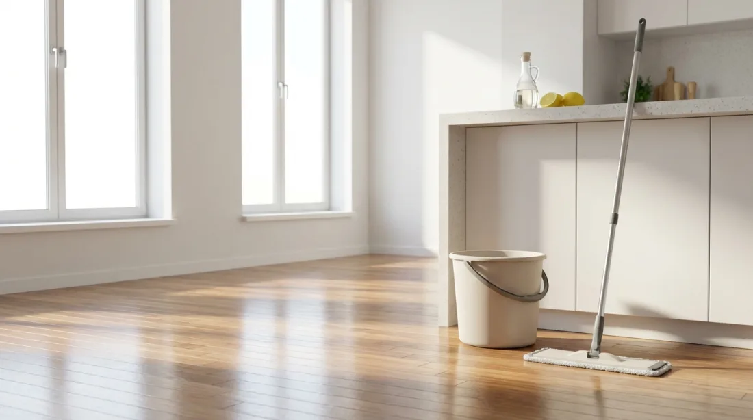 Lśniąca podłoga w salonie po umyciu wodą z octem