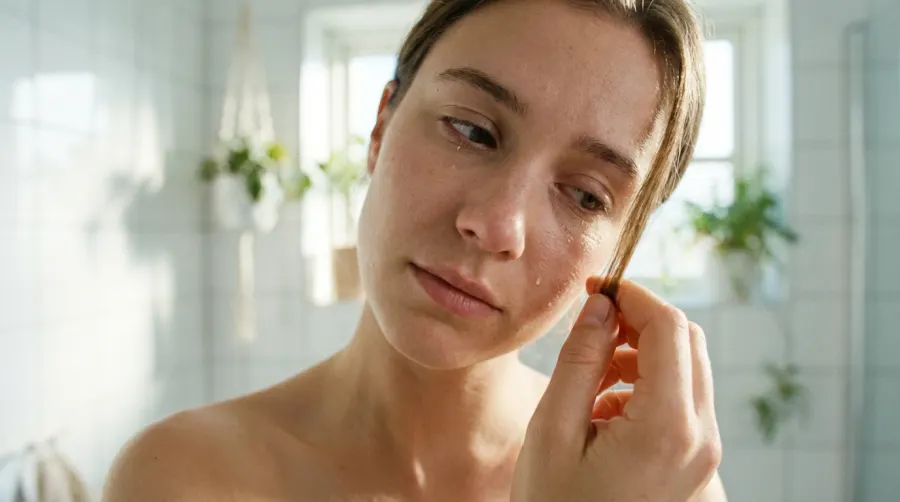 Zmartwiona kobieta trzymająca w dłoni wypadające pasma włosów