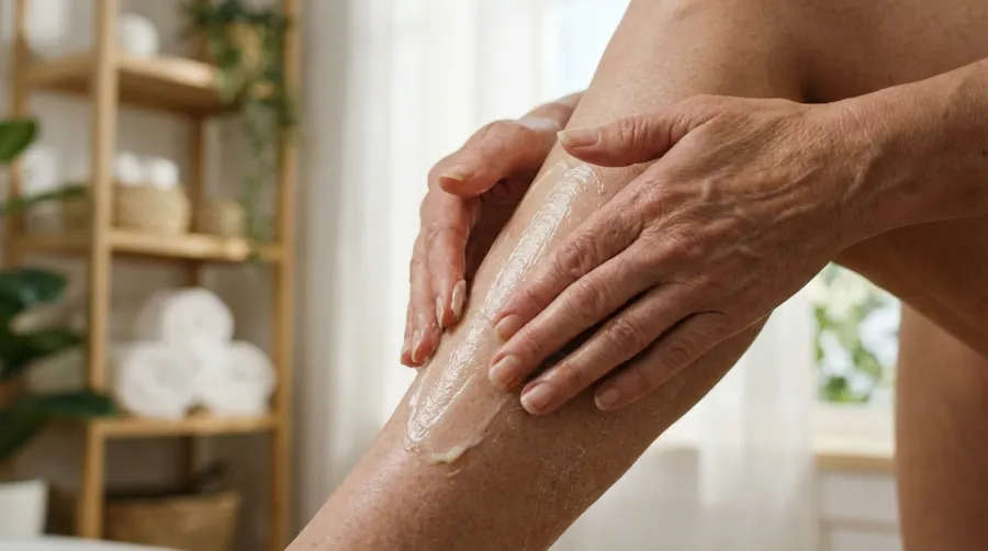 Kobieta nakładająca nawilżający balsam na przesuszoną skórę łydek