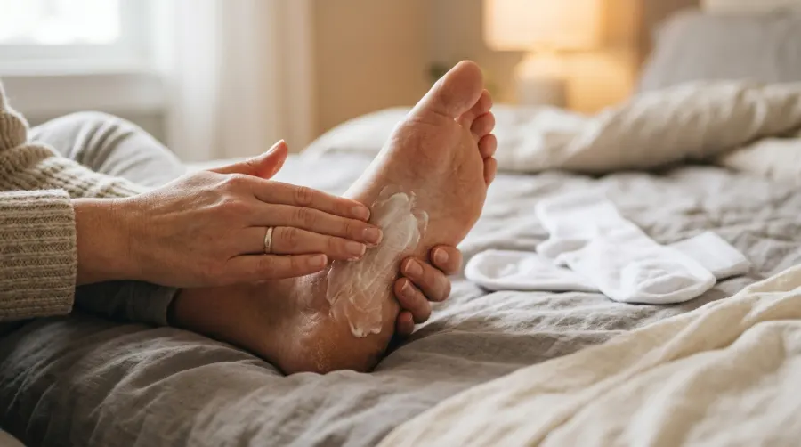 Aplikacja gęstej maści z witaminą A na suchą piętę