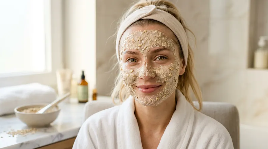 Kobieta z nałożoną na twarz maseczką z płatków owsianych