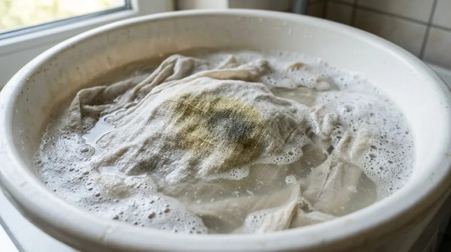 Utrwalone plamy namaczane w misce z odplamiaczem