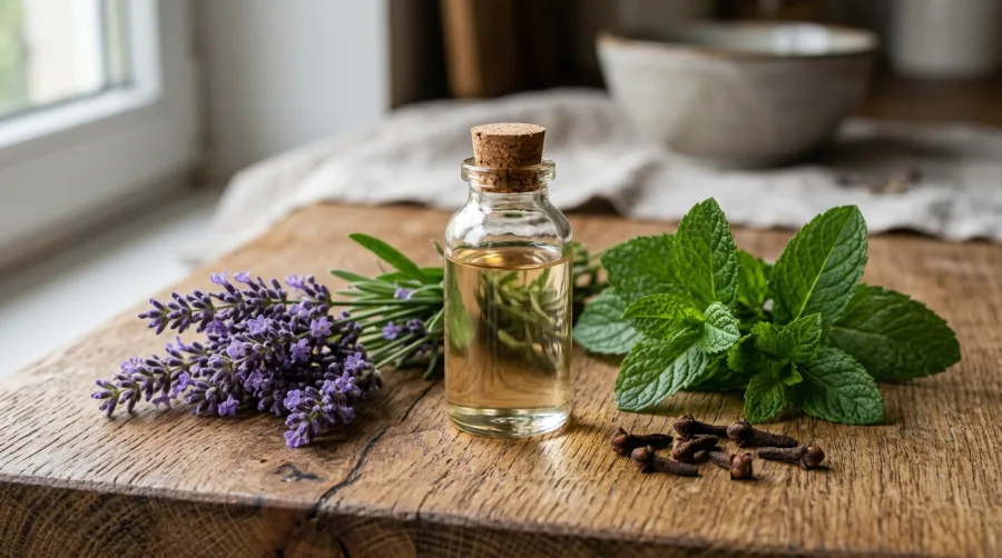 Buteleczka olejku eterycznego z lawendą i listkami mięty
