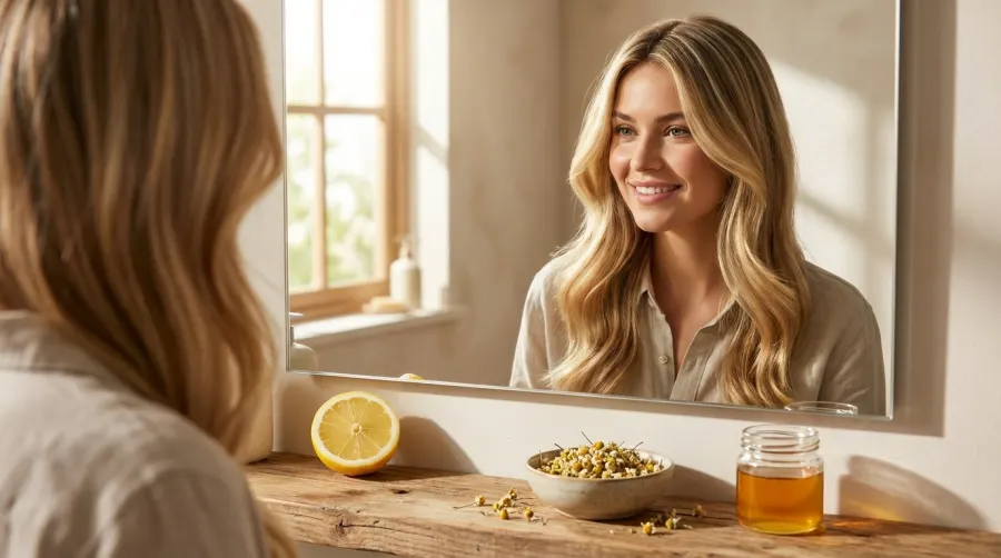 Kobieta z lśniącymi blond włosami i naturalne składniki