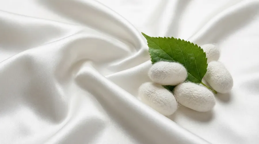 Gładka tkanina jedwabna z kokonami i liściem morwy