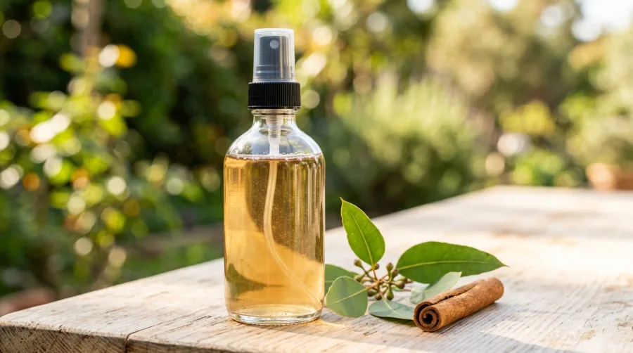 Butelka z domowym sprayem odstraszającym muchy z eukaliptusem