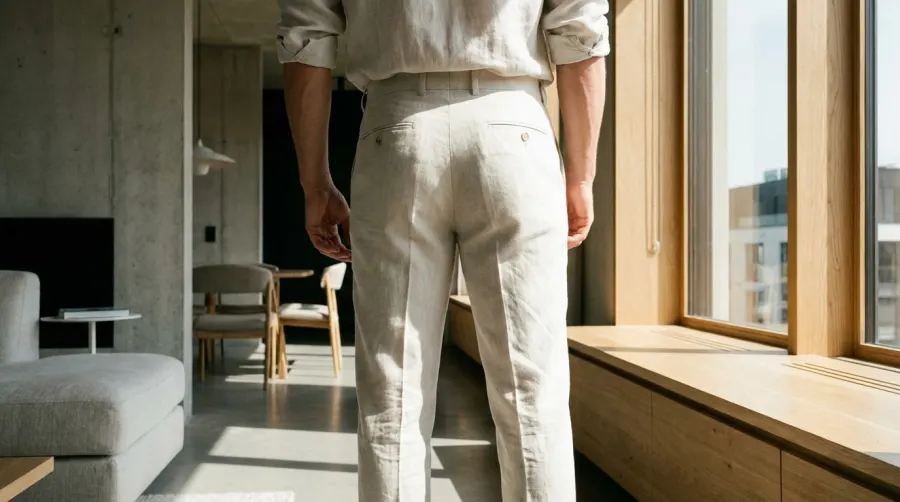 Wysportowany mężczyzna w dopasowanych lnianych spodniach