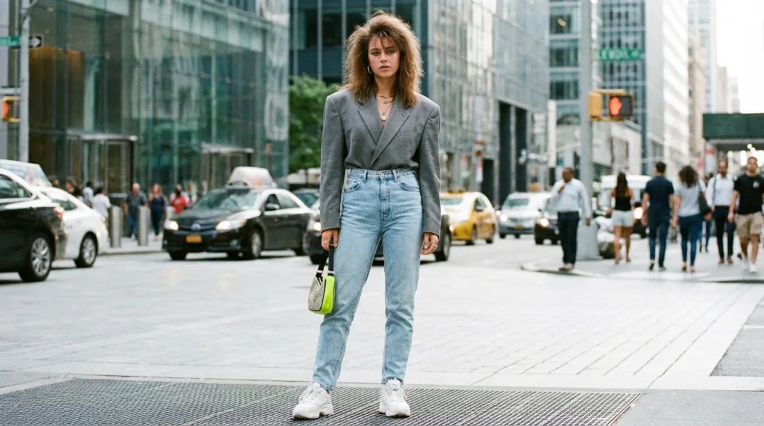 Kobieta w przeskalowanej marynarce w stylu lat osiemdziesiątych