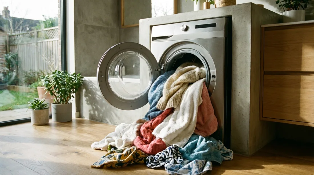 Nowoczesna pralka z czystymi ubraniami w jasnej łazience