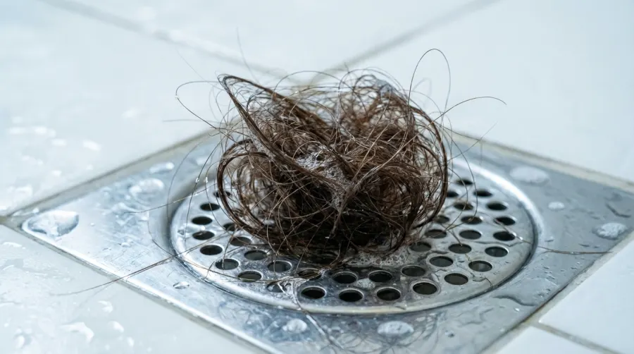 Kłębek wypadniętych długich włosów na sitku odpływowym pod prysznicem