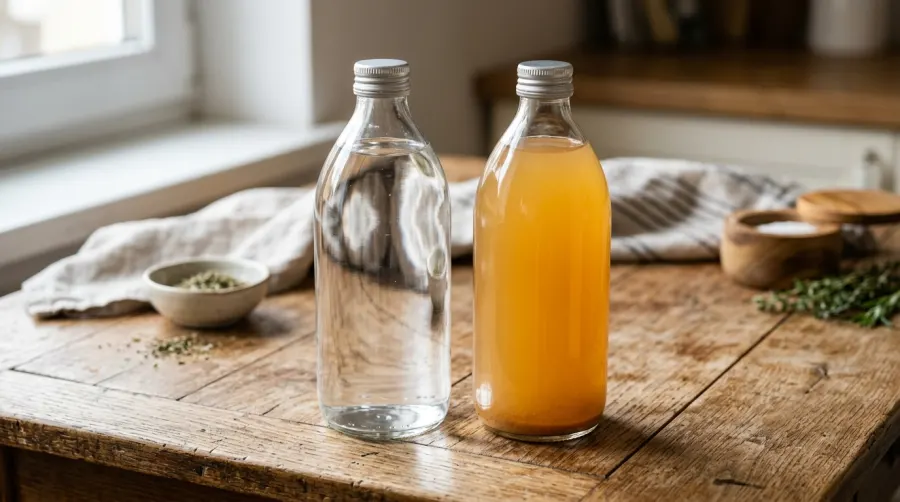 Porównanie przezroczystego octu spirytusowego z mętnym octem jabłkowym