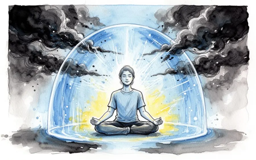 Osoba w ochronnej kopule energii symbolizująca bezpieczeństwo psychiczne.
