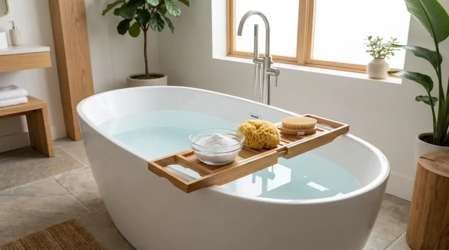 Akcesoria i soda oczyszczona przygotowane do domowej kąpieli