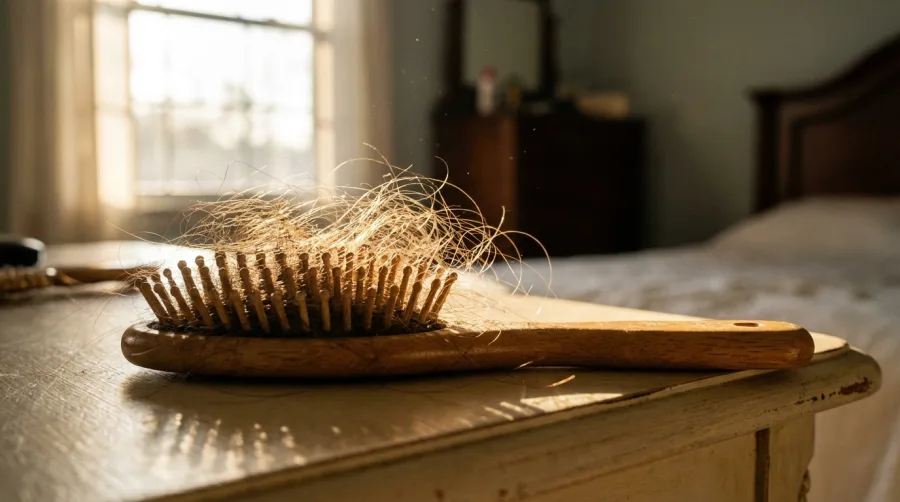 Drewniana szczotka z zaplątanymi włosami po porannym czesaniu