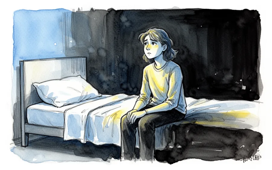 Osoba siedząca na łóżku rozmyślająca o znaczeniu snu